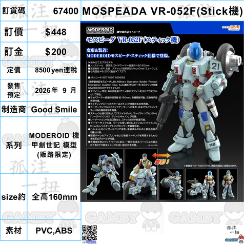 訂貨碼:67400 <訂價$448> #(免手續費)VR-052F(Stick機)MOSPEADA=MODEROID 機甲創世記 模型