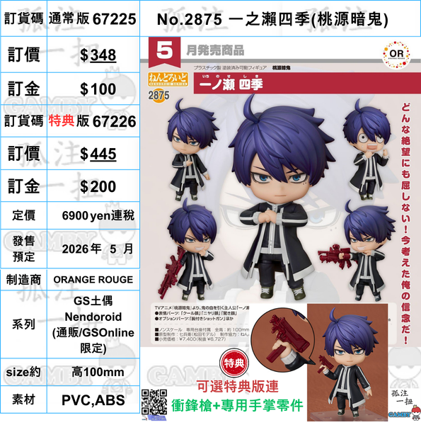 訂貨碼:67391&67392 <訂價$348&$445> #(免手續費)No.2875 一之瀨四季(桃源暗鬼)=GS土偶Nendoroid
