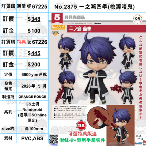 訂貨碼:67391&67392 <訂價$348&$445> #(免手續費)No.2875 一之瀨四季(桃源暗鬼)=GS土偶Nendoroid
