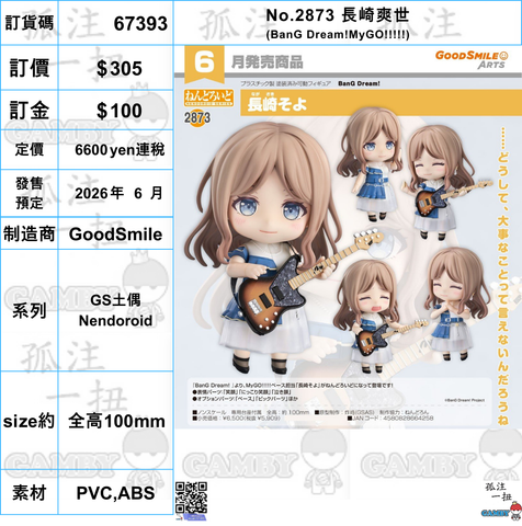 訂貨碼:67393 <訂價$305> #(免手續費)No.2873 長崎爽世(BanG Dream!MyGO!!!!!)=GS土偶Nendoroid