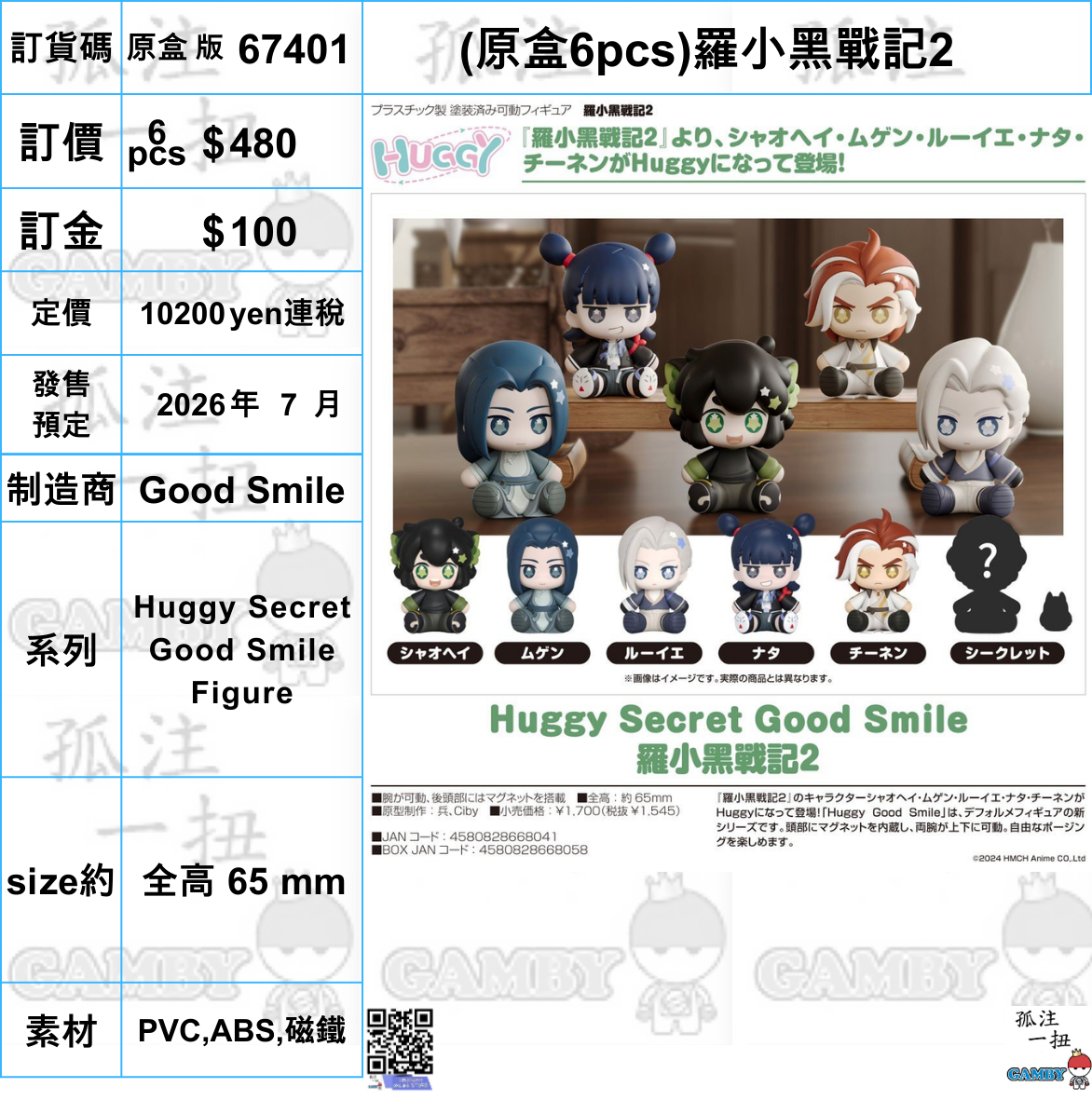 訂貨碼:67401 <訂價$480> #(原盒6pcs)羅小黑戰記2=Huggy Secret Good Smile Figure