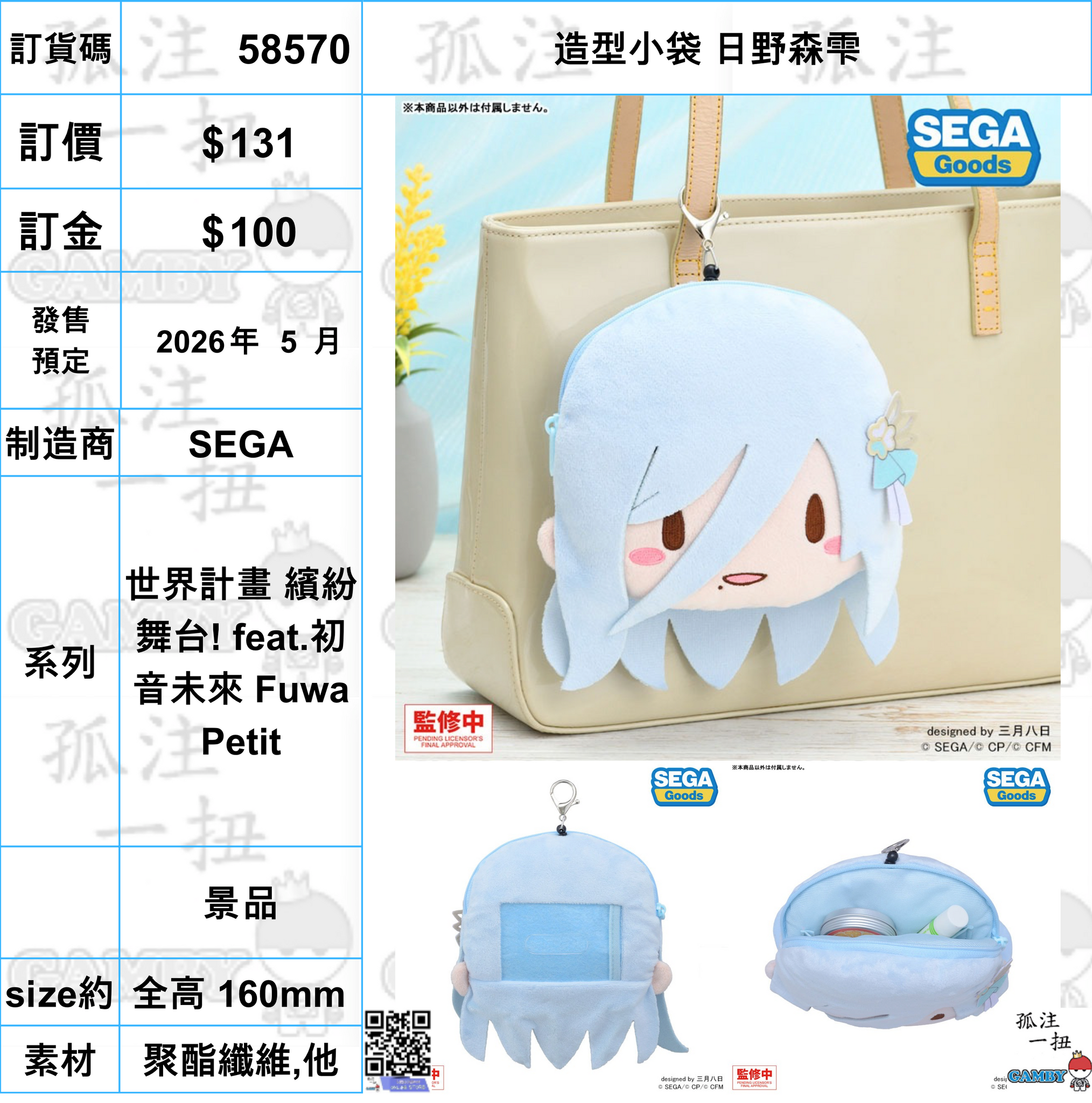 訂貨碼:58570 <訂價$131> #(免手續費)造型小袋 日野森雫=世界計畫 繽紛舞台! feat.初音未來 Fuwa Petit