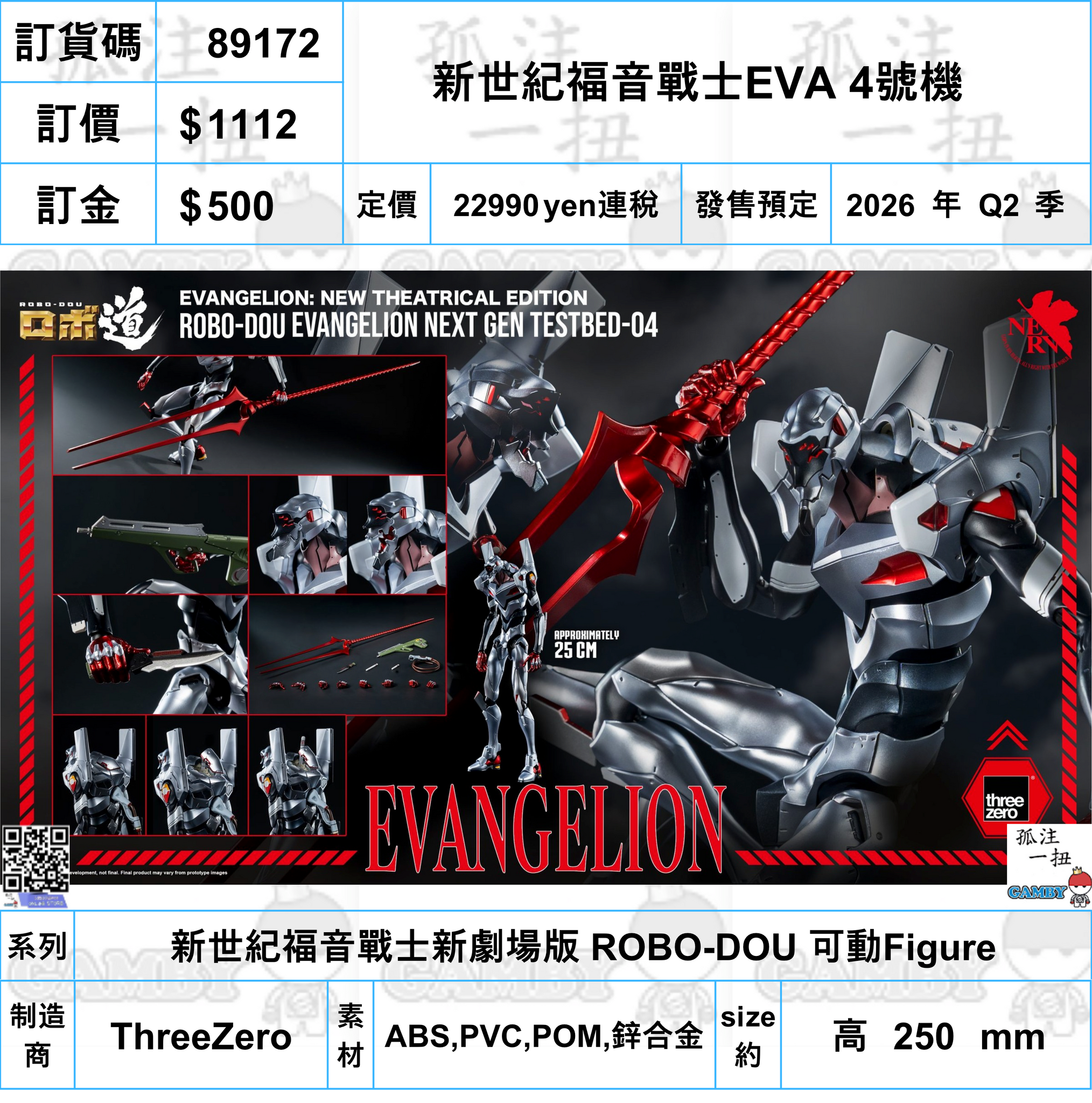 訂貨碼:89172 <訂價$1112> #(免手續費)新世紀福音戰士EVA 4號機=新世紀福音戰士新劇場版 ROBO-DOU 可動Figure