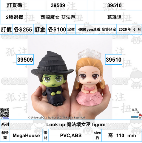 訂貨碼:39509&39510 <訂價各$255> #(免手續費)西國魔女 艾法芭or葛琳達=Look up 魔法壞女巫 figure