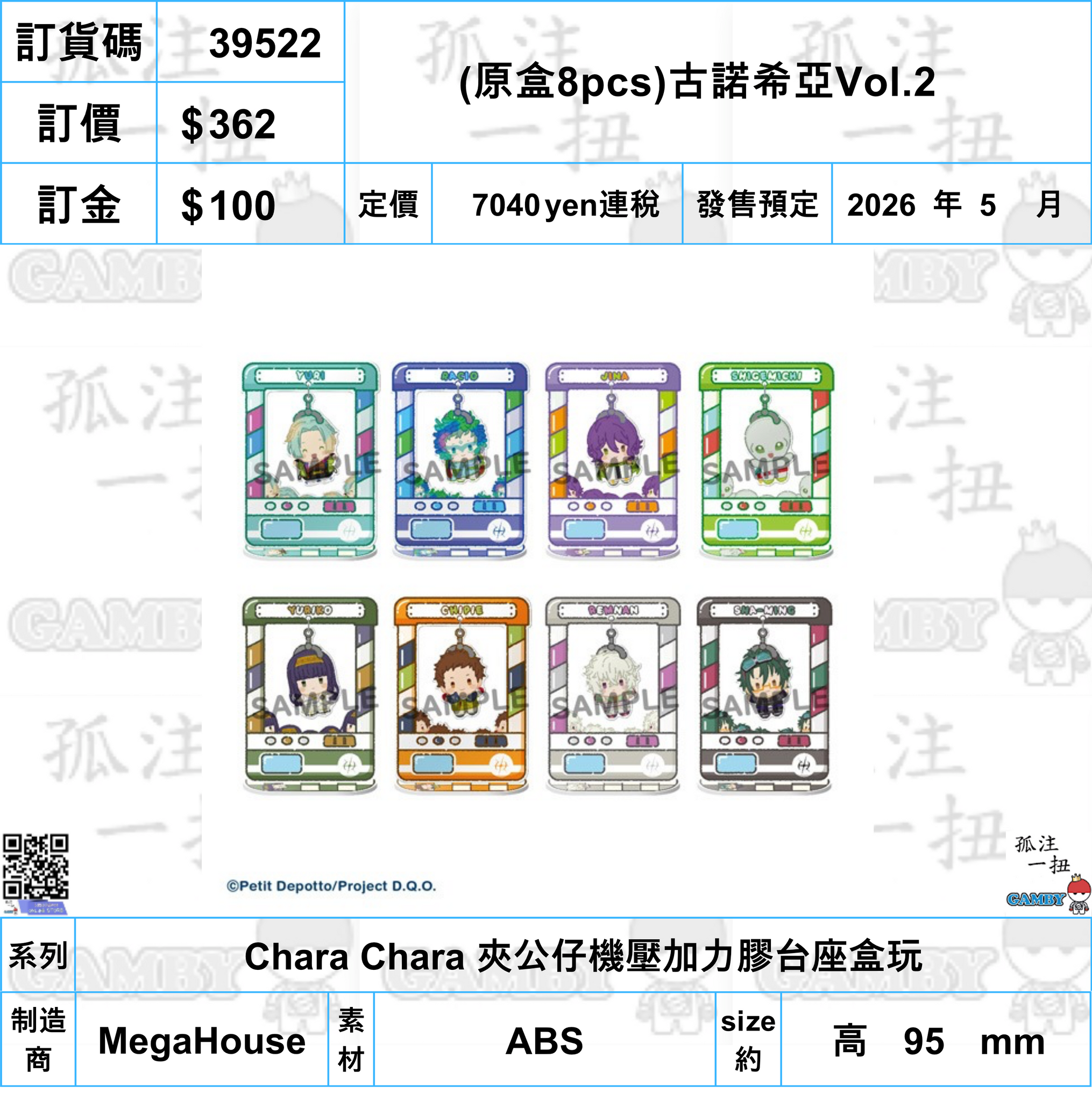 訂貨碼:39522 <訂價$362> #(免手續費)(原盒8pcs)古諾希亞Vol.2=Chara Chara 夾公仔機壓加力膠台座盒玩