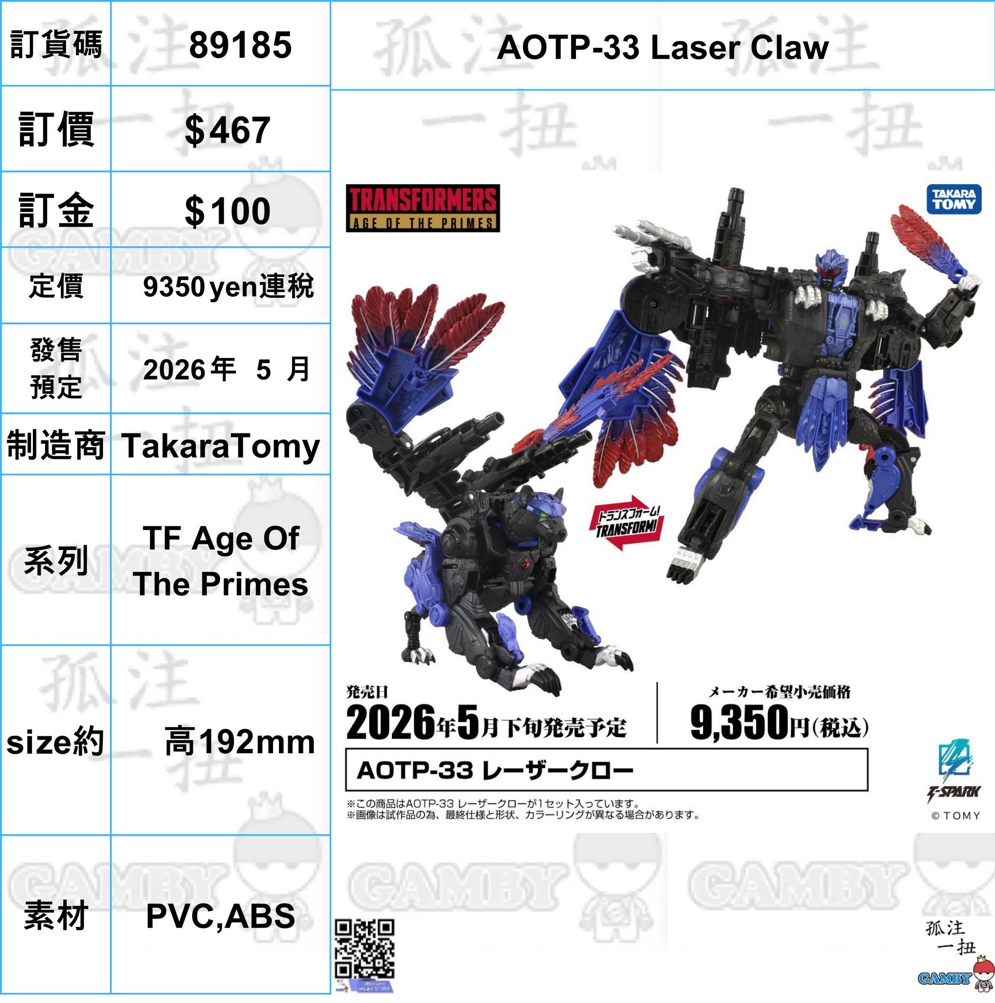 訂貨碼:89185 <訂價$467> #(免手續費)AOTP-33 Laser Claw=TF Age Of The Primes