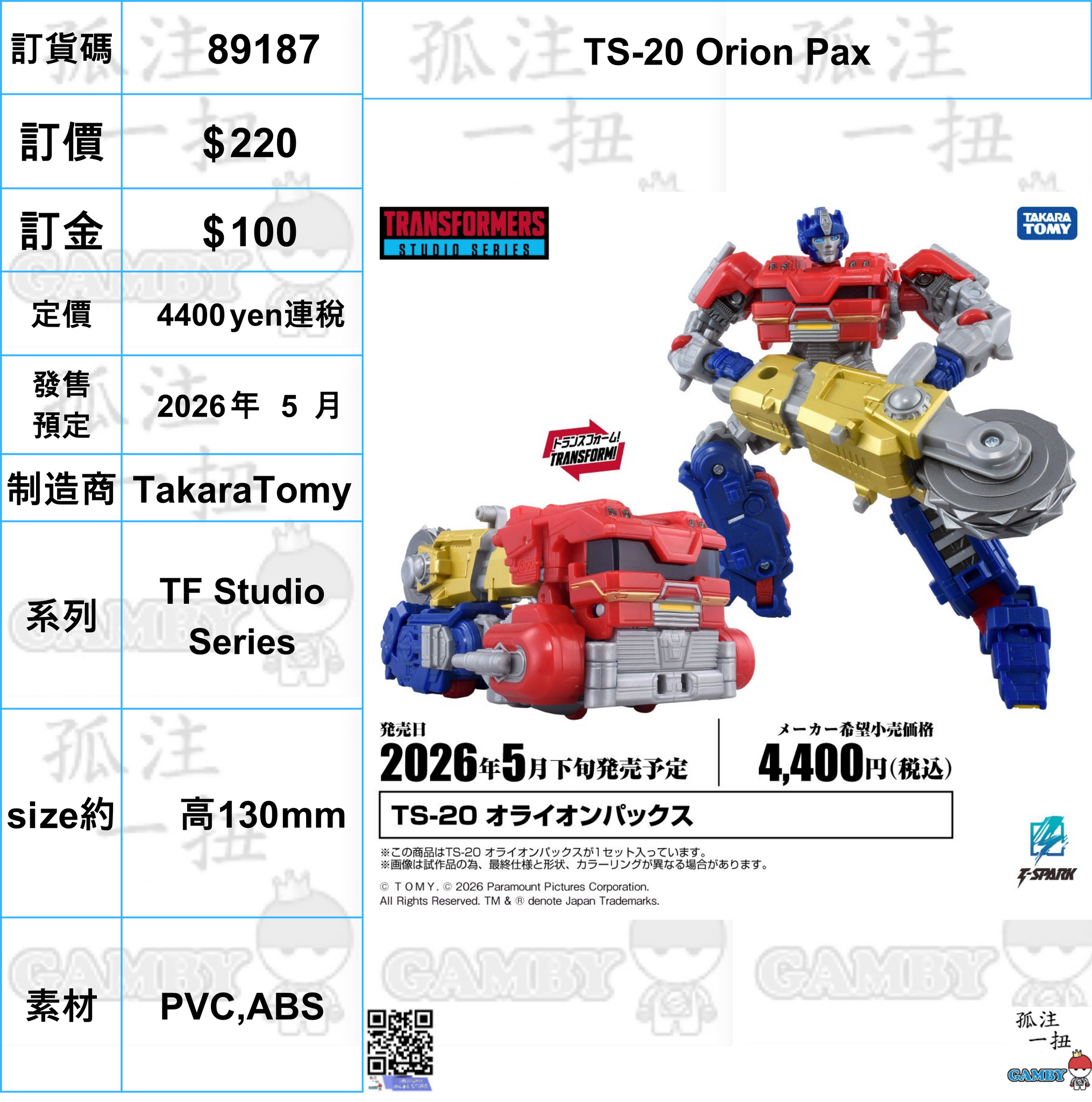 訂貨碼:89187 <訂價$220> #(免手續費)TS-20 Orion Pax=TF Studio Series