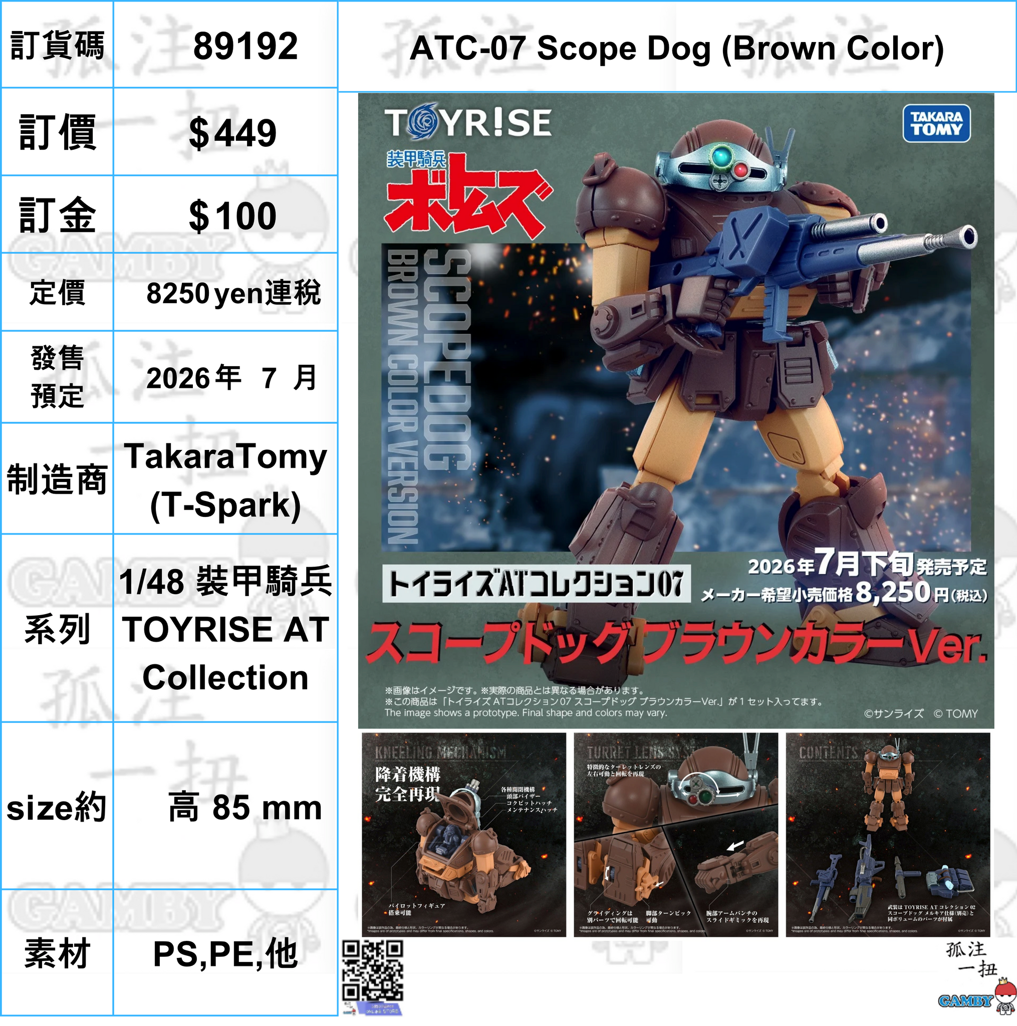 訂貨碼:89192 <訂價$449> #(免手續費)ATC-07 Scope Dog (Brown Color)=1/48 裝甲騎兵TOYRISE AT Collection