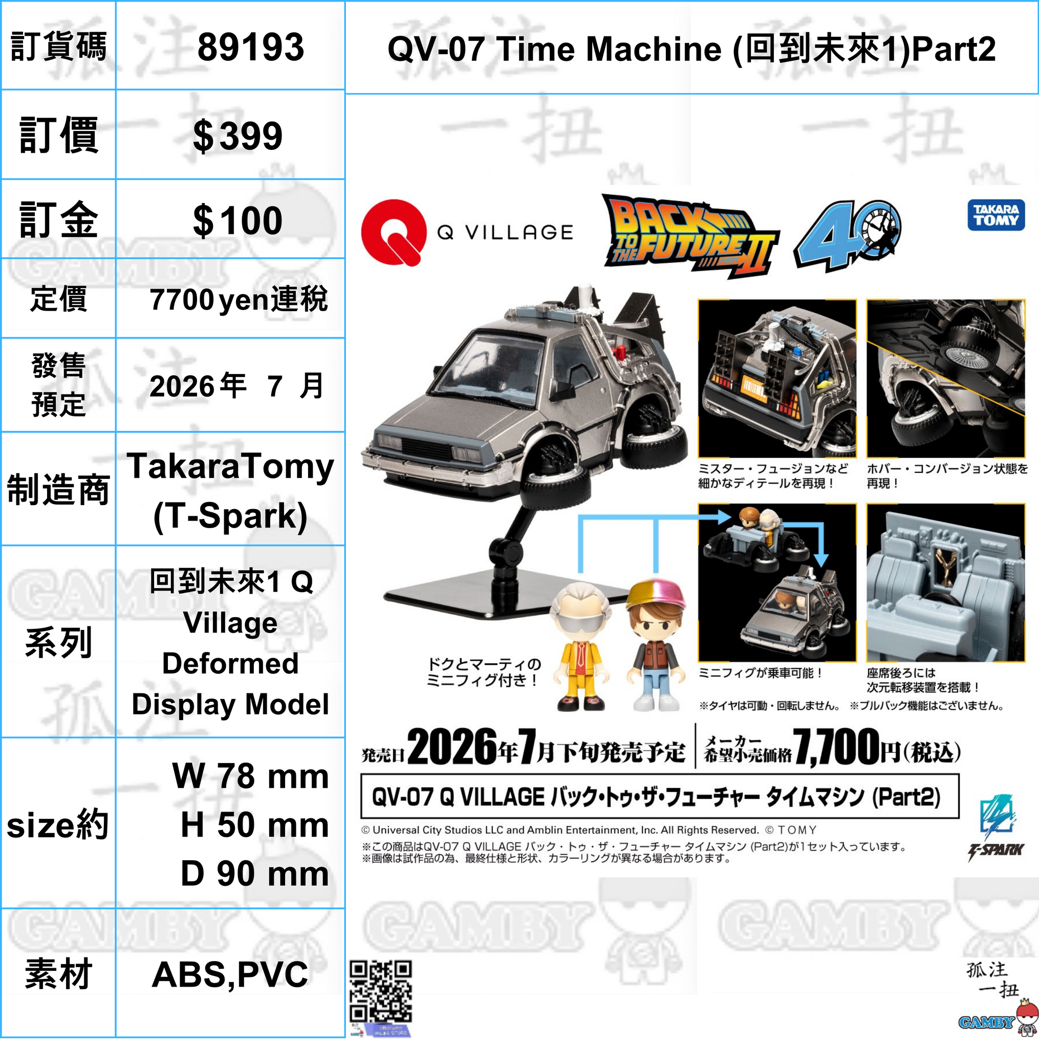 訂貨碼:89193 <訂價$399> #(免手續費)QV-07 Time Machine (回到未來1)Part2=回到未來1 Q Village Deformed Display Model
