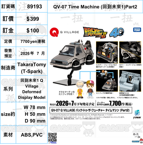 訂貨碼:89193 <訂價$399> #(免手續費)QV-07 Time Machine (回到未來1)Part2=回到未來1 Q Village Deformed Display Model
