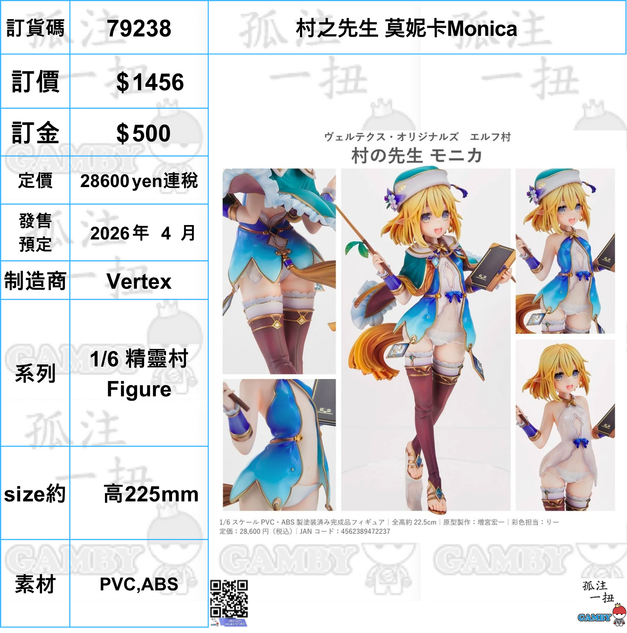 訂貨碼:79238 <訂價$1456> #(免手續費)村之先生 莫妮卡Monica=1/6 精靈村 Figure