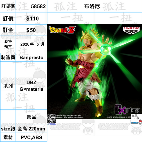 訂貨碼:58582 <訂價$110> #(免手續費)布洛尼=DBZ G×materia