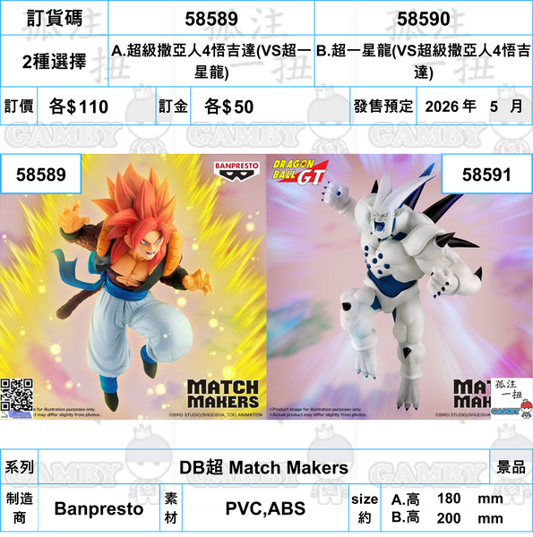 訂貨碼:58589&58590 <訂價各$110> #(免手續費)超級撒亞人4悟吉達VS超一星龍=DB超 Match Makers