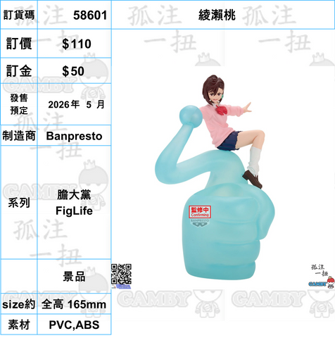 訂貨碼:58601 <訂價$110> #(免手續費)綾瀨桃=膽大黨 FigLife