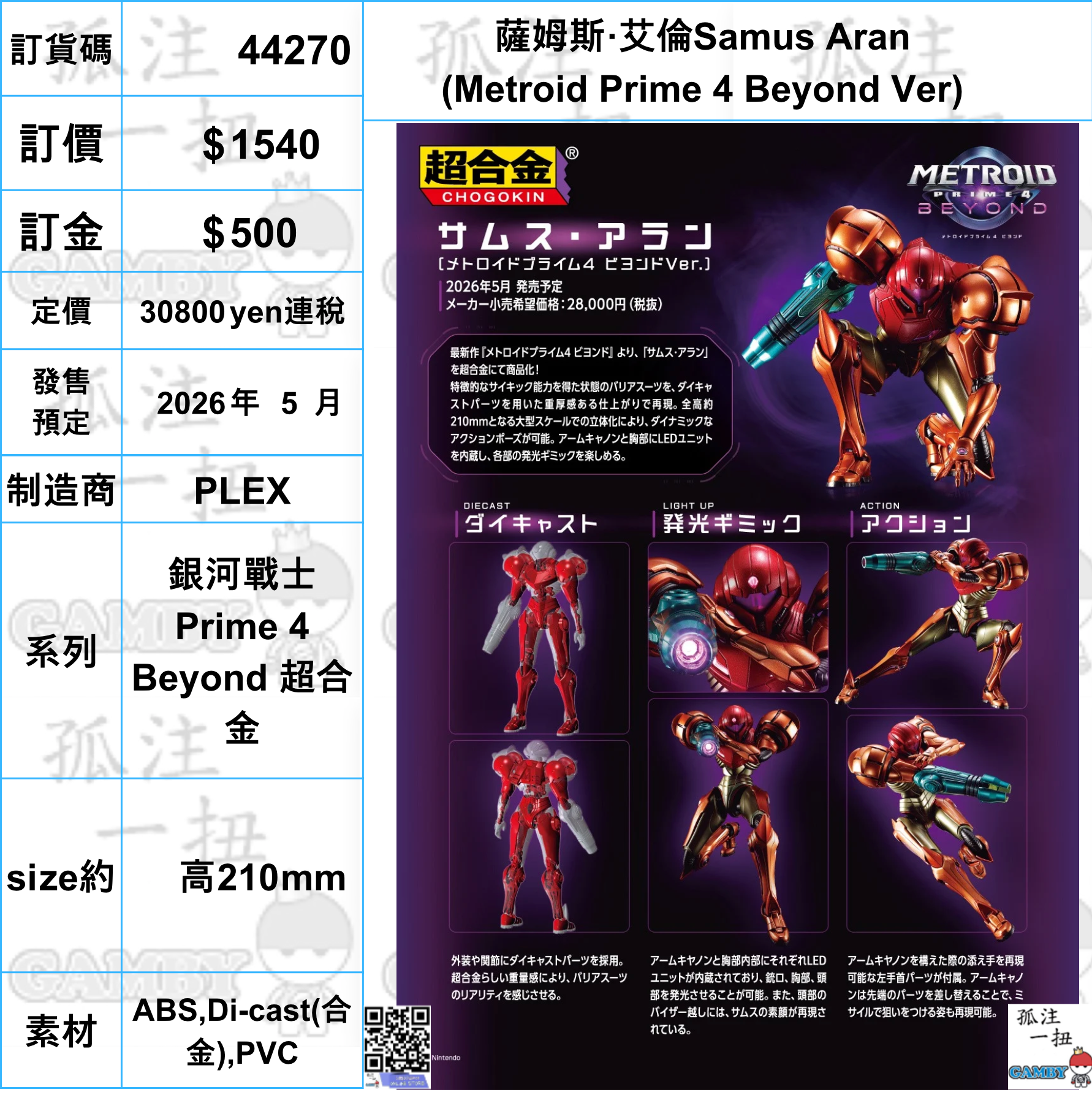 訂貨碼:44270 <訂價$1540> #(免手續費)薩姆斯·艾倫Samus Aran (Metroid Prime 4 Beyond Ver)=銀河戰士Prime 4 Beyond 超合金