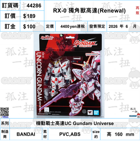 訂貨碼:44286 <訂價$189> #(免手續費)RX-0 獨角獸高達(Renewal)再販=機動戰士高達UC Gundam Universe