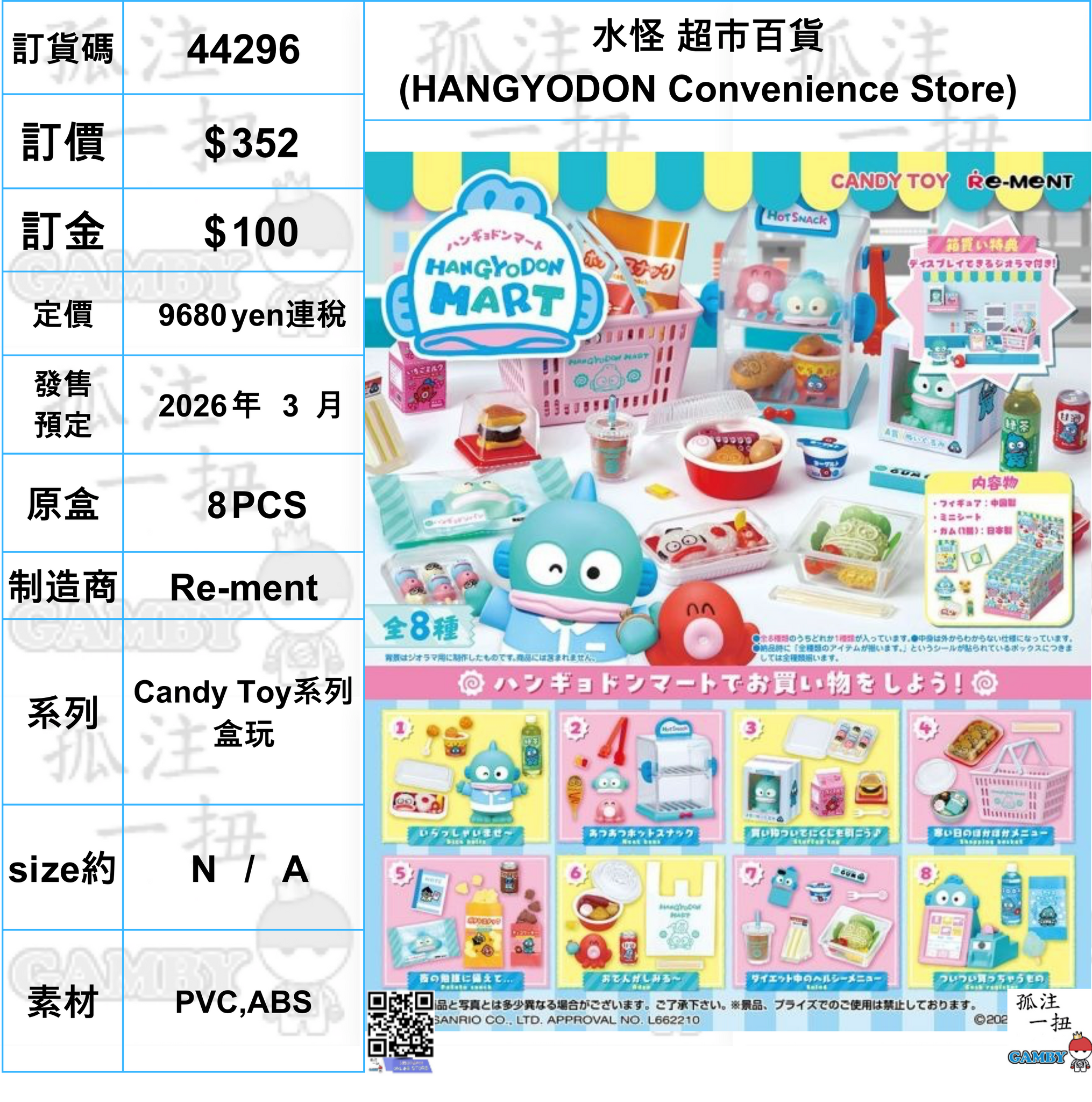 訂貨碼:44296 <訂價$352> #(免手續費)(原盒8pcs)水怪 超市百貨(HANGYODON Convenience Store)=Candy Toy系列盒玩
