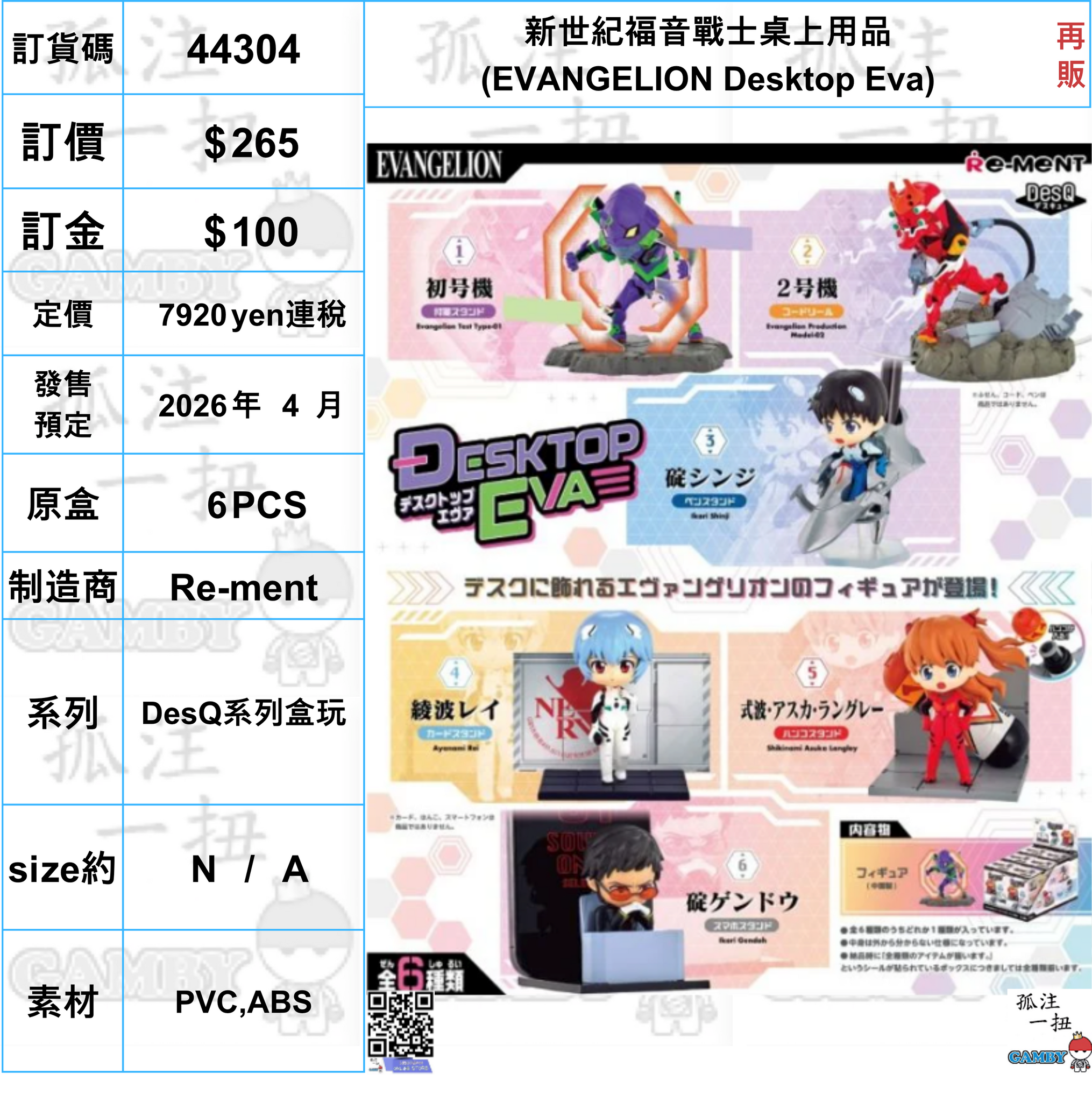訂貨碼:44304 <訂價$265> #(免手續費)(原盒6pcs)新世紀福音戰士桌上用品(EVANGELION Desktop Eva)再販=DesQ系列盒玩