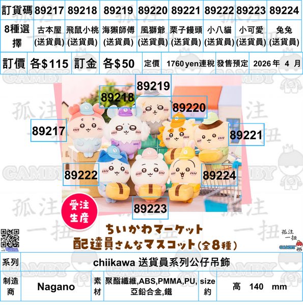 訂貨碼:89217-89224 <訂價各$115> #chiikawa 送貨員系列公仔吊飾