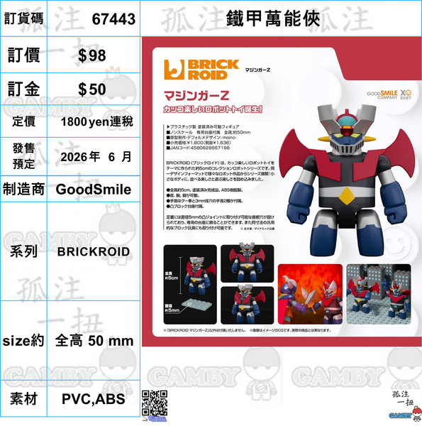 訂貨碼:67443 <訂價$998> #(免手續費)鐵甲萬能俠=BRICKROID