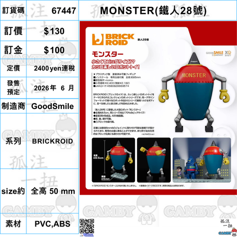 訂貨碼:67447 <訂價$130> #(免手續費)MONSTER(鐵人28號)=BRICKROID