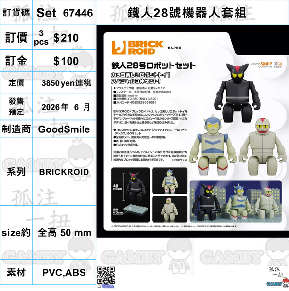 訂貨碼:67446 <訂價$210> #(免手續費)鐵人28號機器人套組=BRICKROID