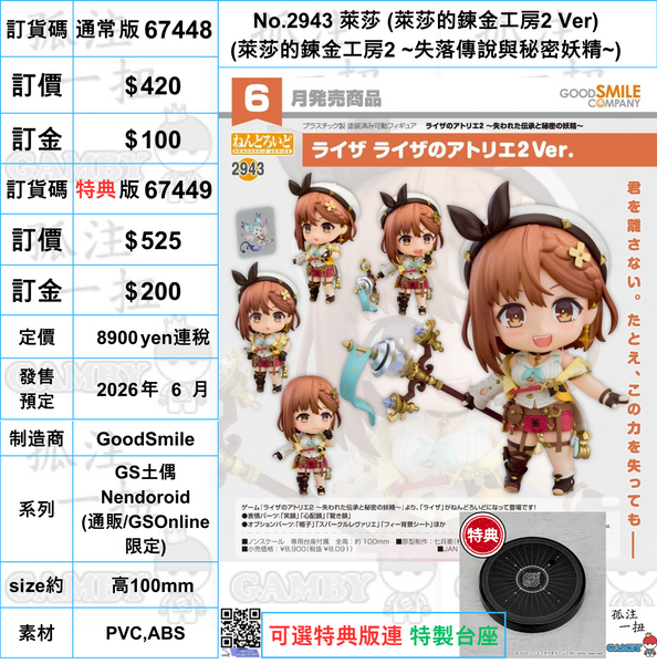 訂貨碼:67448&67449 <訂價$420&525> #(免手續費)No.2943 萊莎 (萊莎的鍊金工房2 Ver)(萊莎的鍊金工房2 ~失落傳說與秘密妖精~)=GS土偶Nendoroid