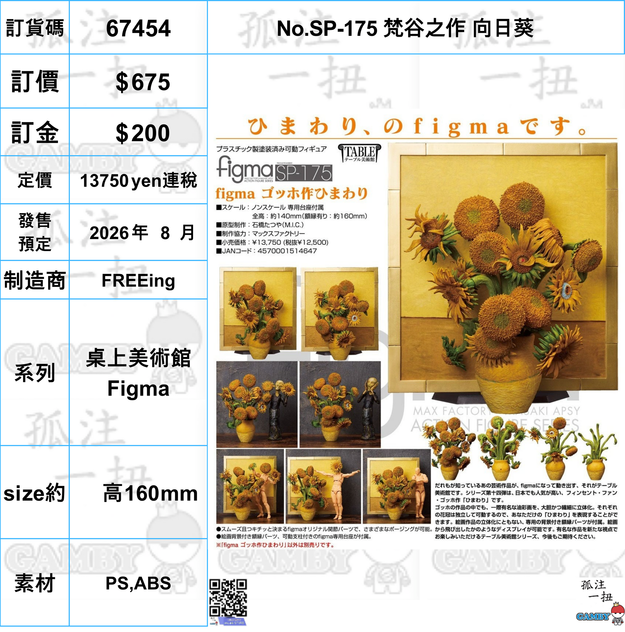 訂貨碼:67454 #(免手續費)No.SP-175 梵谷之作向日葵=桌上美術館Figma