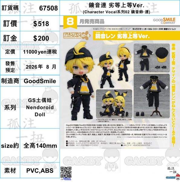 訂貨碼:67508 <訂價$518> #(免手續費)鏡音連 劣等上等Ver.(Character Vocal系列02 鏡音鈴‧連)=GS土偶娃Nendoroid Doll