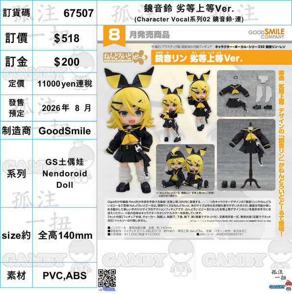訂貨碼:67507 <訂價$518> #(免手續費)鏡音鈴 劣等上等Ver.(Character Vocal系列02 鏡音鈴‧連)=GS土偶娃Nendoroid Doll