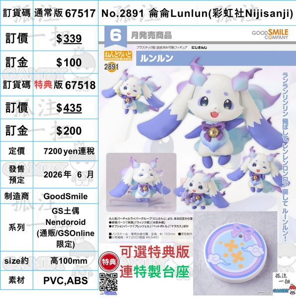 訂貨碼:67517&67518 <訂價$339&$435> #(免手續費)No.2891 侖侖Lunlun(彩虹社Nijisanji)=GS土偶Nendoroid