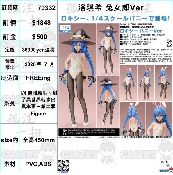 訂貨碼:79332 <訂價$1848> #(免手續費)洛琪希 兔女郎Ver.=1/4 無職轉生 到了異世界就拿出真本事 第二季 Figure