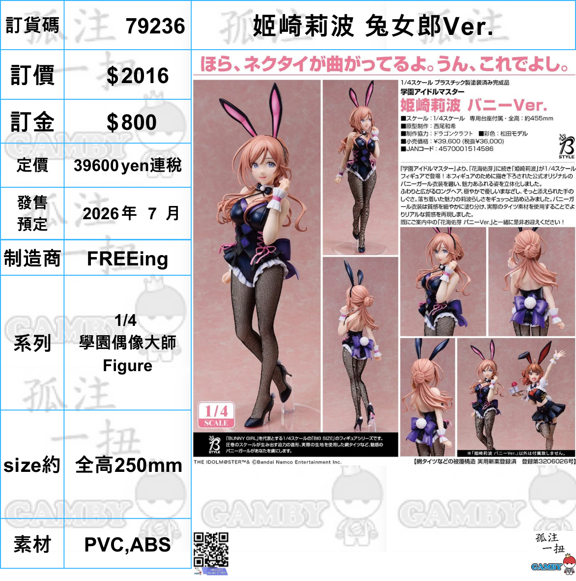 訂貨碼:79236 <訂價$2016> #(免手續費)姬崎莉波 兔女郎Ver.1/4 學園偶像大師 Figure