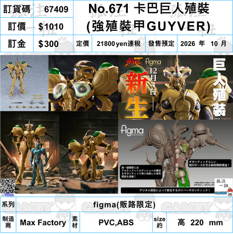 訂貨碼:67409 <訂價$1010> #(免手續費)No.671 卡巴巨人殖裝(強殖裝甲GUYVER)=figma(販路限定)