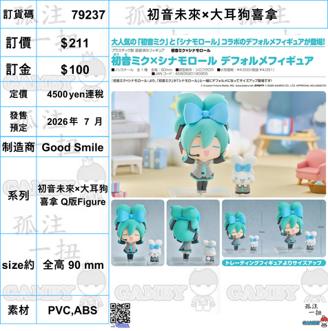 訂貨碼:79237 <訂價$211> #(免手續費)初音未來×大耳狗喜拿=Q版Figure