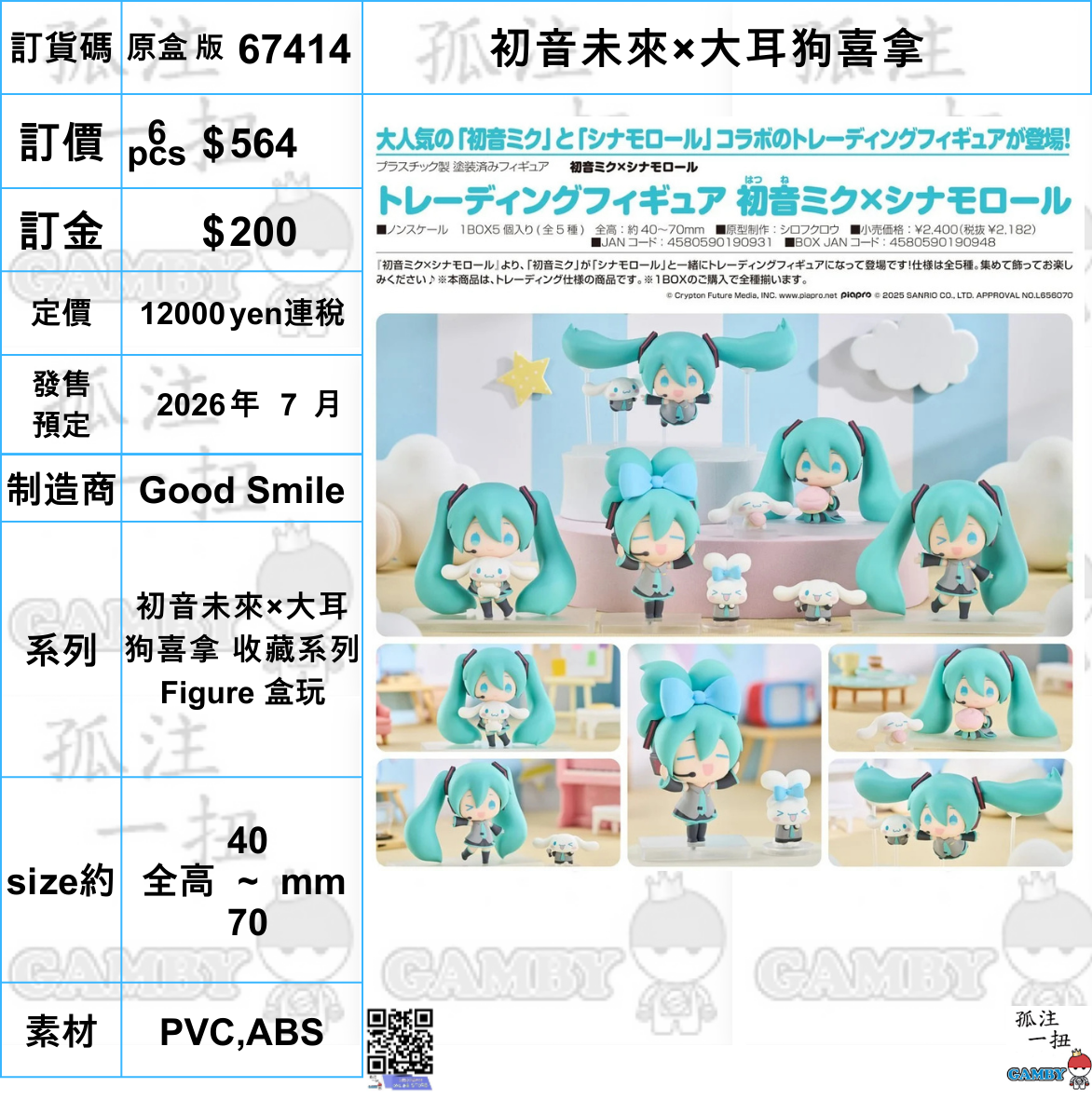 訂貨碼:67414 <訂價$564> #(免手續費)(原盒6 pcs)初音未來×大耳狗喜拿=收藏系列 Figure 盒玩