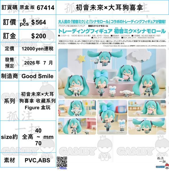 訂貨碼:67414 <訂價$564> #(免手續費)(原盒6 pcs)初音未來×大耳狗喜拿=收藏系列 Figure 盒玩