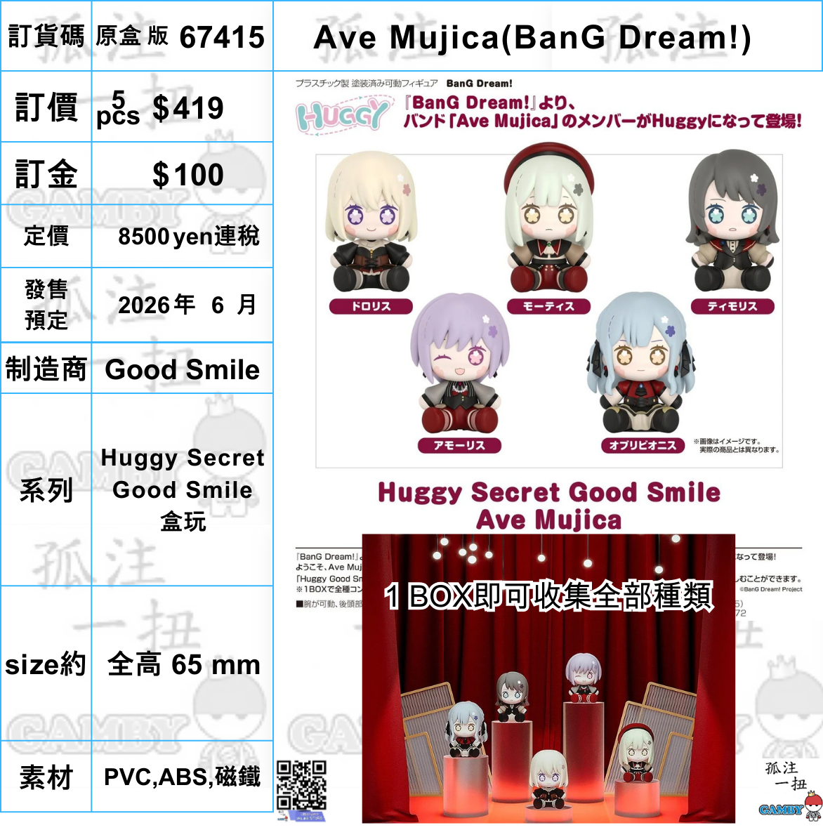 訂貨碼:67415 <訂價$419> #(免手續費)(原盒5 pcs)Ave Mujica(BanG Dream! )=Huggy Secret Good Smile盒玩