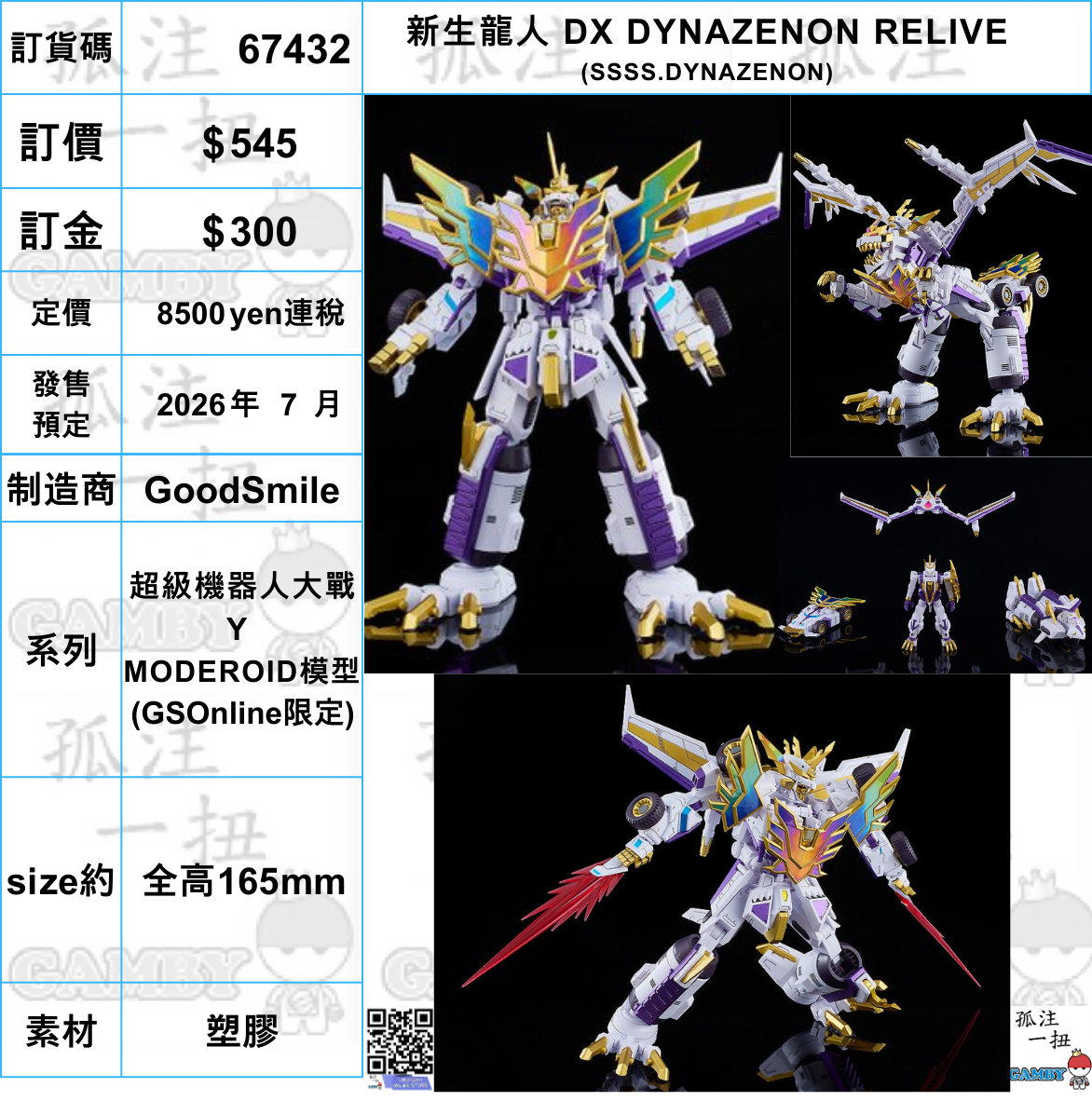 訂貨碼:67432 <訂價$545> #新生龍人DX DYNAZENON RELIVE (SSSS.DYNAZENON)=超級機器人大戰Y GSOnline限定 MODEROID模型