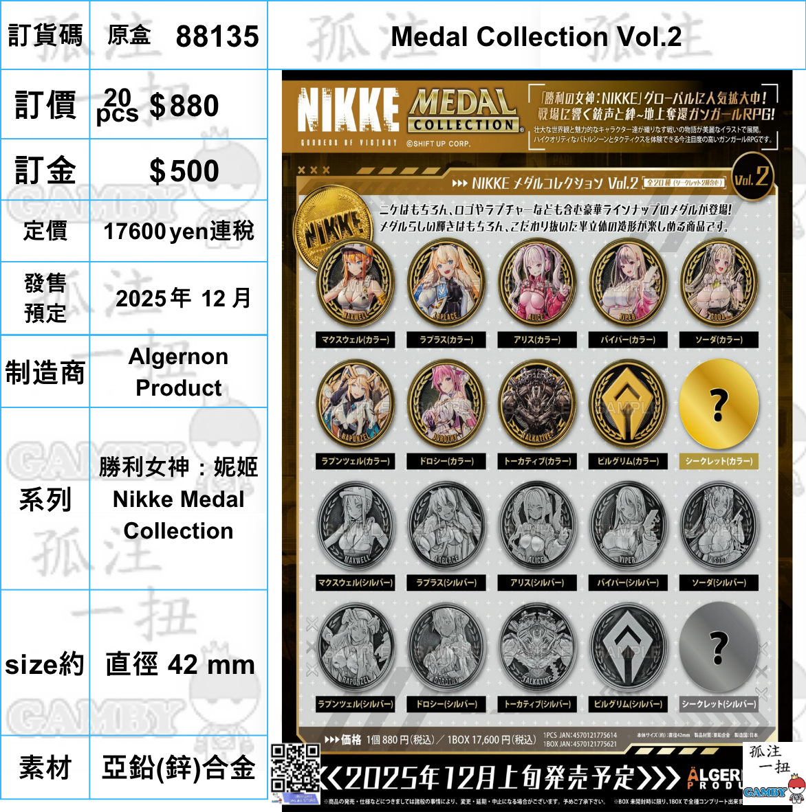 訂貨碼:88135 <訂價$880> #(原盒20pcs)Medal Collection Vol.2=勝利女神：妮姬 Nikke Medal Collection