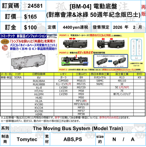 訂貨碼:24581 <訂價$165> #(免手續費)BM-04 電動底盤=The Moving Bus System (Model Train)