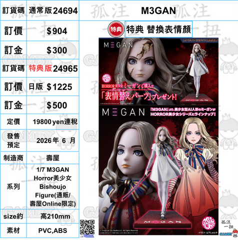 訂貨碼:24694&24965 <訂價$904&1225> #(免手續費) M3GAN=1/7 M3GAN Horror美少女Bishoujo Figure