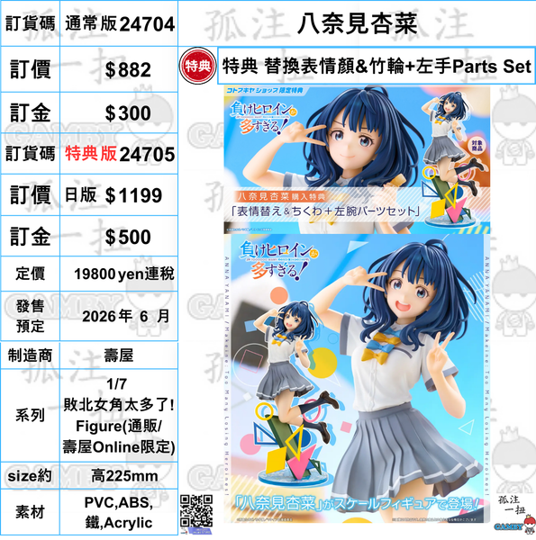 訂貨碼:24704&24705 <訂價$882&1199> #(免手續費) 八奈見杏菜=1/7 敗北女角太多了! Figure