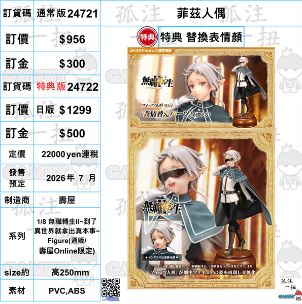 訂貨碼:24721&24722 <訂價$956&1299> #(免手續費) 菲茲人偶=1/8 無職轉生II~到了異世界就拿出真本事~Figure