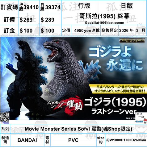 訂貨碼:39410&39374 <訂價$269&$289> #哥斯拉(1995)終幕Godzilla(1995)last scene=Movie Monster Series Sofvi 躍動(魂SHOP限定)