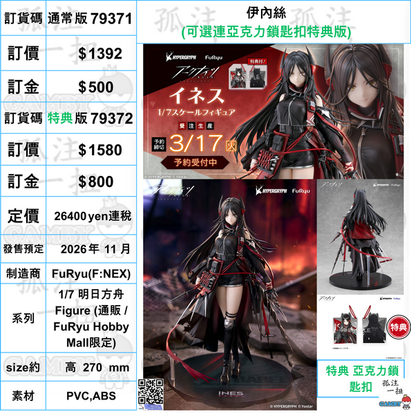 訂貨碼:79371&79372 <訂價$1392&1580> #伊內絲=1/7 明日方舟 Figure (通販 / FuRyu Hobby Mall限定)