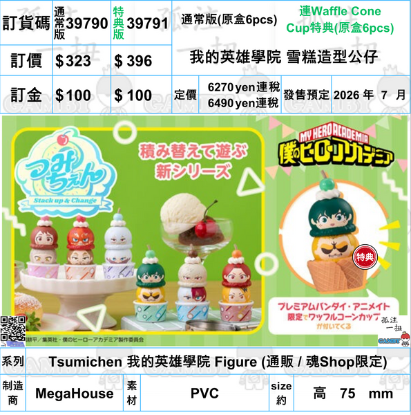 訂貨碼:39790&39791 <訂價$323&396> #(免手續費)(原盒6pcs)我的英雄學院 雪糕造型公仔=Tsumichen 我的英雄學院 Figure (通販 / 魂Shop限定)