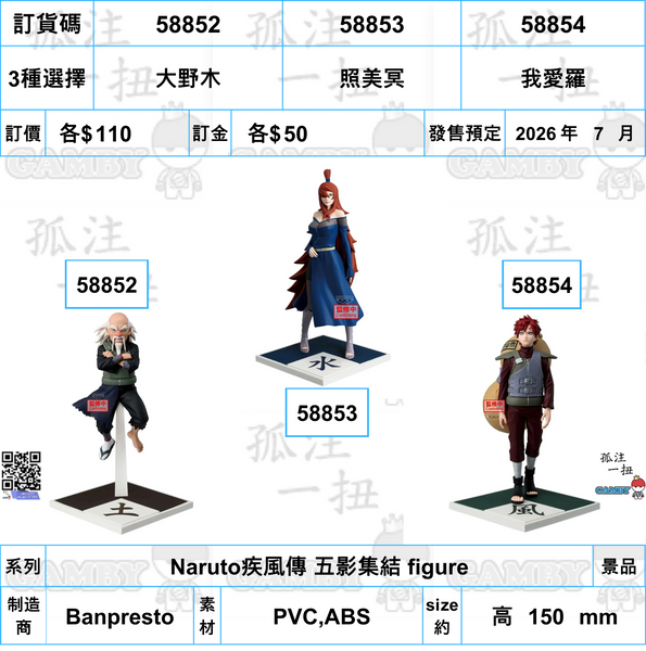 訂貨碼:58852-58854 <訂價各$110> #(免手續費)Naruto疾風傳 五影集結 figure