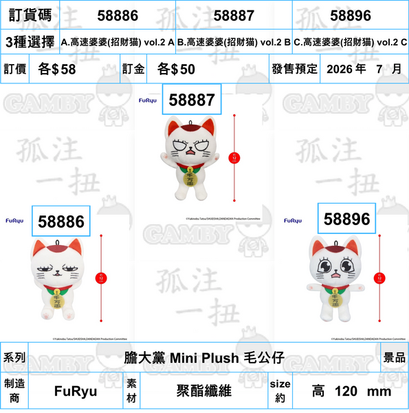 訂貨碼:58886-58896 <訂價各$58> #(免手續費)高速婆婆(招財猫) vol.2=膽大黨 Mini Plush 毛公仔
