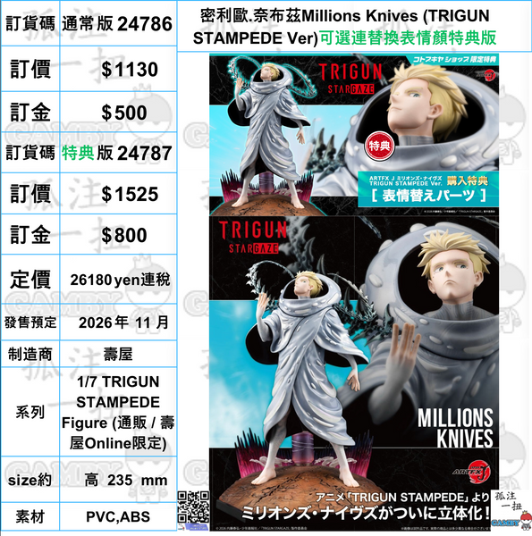 訂貨碼:24786&24787 <訂價$1130&1525> #密利歐.奈布茲Millions Knives (TRIGUN STAMPEDE Ver)=1/7 TRIGUN STAMPEDE Figure